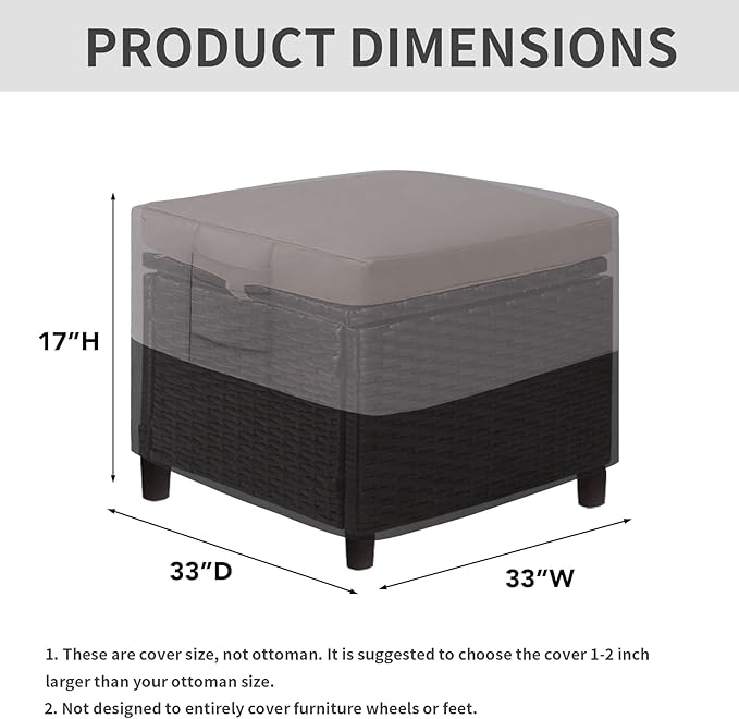 Easy-Going Outdoor Ottoman Cover, Waterproof Patio Ottoman Cover, Heavy Duty Outdoor Furniture Cover with Padded Handles (33"x33"x17", Gray/Black)
