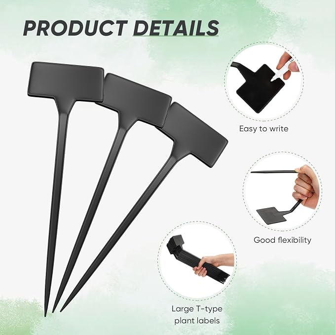 Yinkin 100 Pcs Large Plant Label Signs 11.8 Inch Plant Markers Plastic Garden Label Stakes Waterproof T Type Tags Nursery Garden Signs with Marker Pen for Flower Herb Pot(Black)