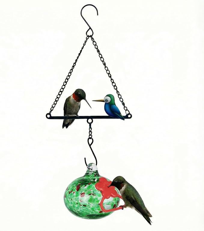Headak Life Hummingbird Feeder for Outdoors Hanging,Metal Hummingbird Swing with Hand Blown Glass Hummingbird Feeder,Artistic Bird Perch & Garden Decor, Unique Gardening Gifts for Women(Green)
