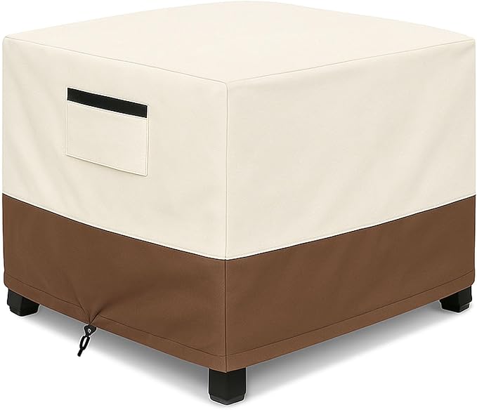 Waterproof Patio Ottoman Cover, Square Outdoor Side Table Furniture Cover with Padded Handles, 600D Heavy Duty Windproof All-Weather Patio Furniture Cover,UV Resistant, 25 x 25 x 18 Inch, Beige&Brown