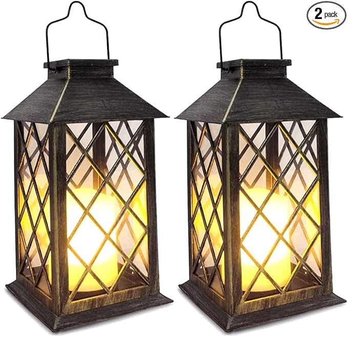 SHYMERY Solar Lantern,Outdoor Garden Hanging Lanterns,2 Pack 14 Inch Lasts 3X Longer 10 lumens Waterproof LED Flickering Flameless Candle Mission Lights for Table,Outdoor,Party Decorative
