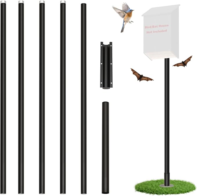 15 FT Purple Martin Bat House Pole, Heavy Duty Bat Houses Kit with Ground Socket, Adapter, Adjustable Heavy Duty 5-Section Birdhouses Pole (3-6-9-12-15 FT) for Birdhouses and Wildlife Nesting