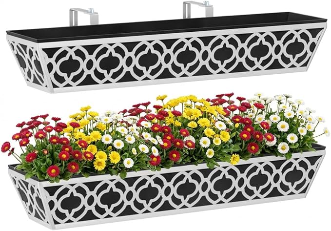 Y&M 30'' Hanging Railing Planter Box Set with Black Non-Woven Fabric Liner, 2 Pcs Large Metal Flower Boxes with Adjustable Brackets for Balcony, Deck, Fence, and Garden - Gray
