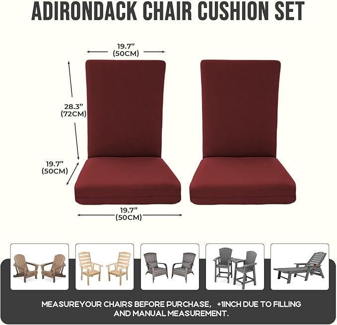 Adirondack Chair Cushions, Waterproof & Fade-Resistant Outdoor Rocking Chair Cushion Set, Removable Seat Pads with Ties for High Back Dining or Patio Chairs, Red