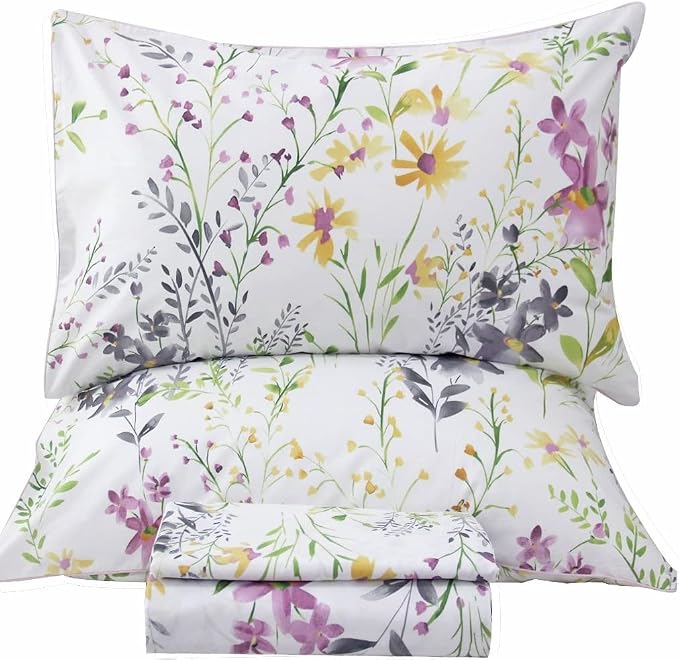 QSH 100% Egyptian Cotton Sheets Twin Size, Yellow Flower Plant Pattern Botanical Luxury Cotton Printed Bedding Flower Twin Bed Sheets for Girls Kids Extra Soft 4pcs Deep Pocket Floral Bed Sheets