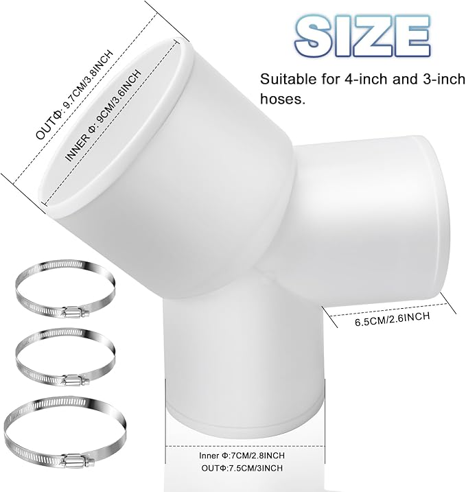 Enenes 3 Way Duct Splitter, ABS Duct Connector for Exhaust Fan Dryer Vent Hose 4 to 3 to 3 Inch Dia Come With 3 Pieces Stainless Steel Hose Clamps (4 to 3 to 3 Inch)