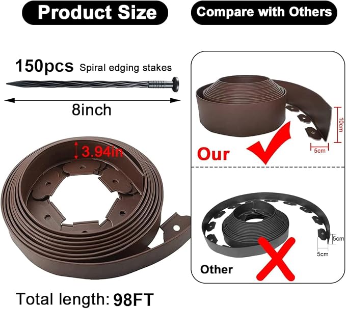 Landscape Edging 98FT,Garden Edging Borders [Extra Tall 4IN High] with 150pcs Plastic Stakes, Lawn Edging Flexible DIY Fence for Landscaping,Flower Bed,Grass,Gravel,Tree Surrounding-Brown
