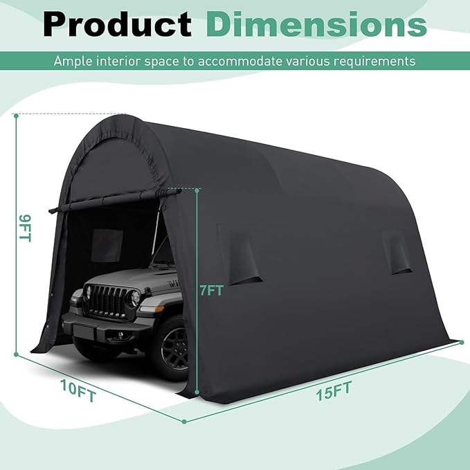 COBIZI Carport 10x15 FT Heavy Duty Portable Garage Storage Shelter Shed with All-Steel Metal Frame & Vents, Round Style Outdoor Storage Shed for Car, Truck, Boat, Patio Furniture Anti-Snow Waterproof