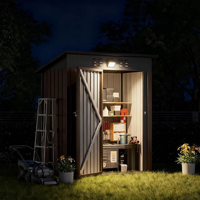 COMHOMA Shed Storage Outdoor Metal Windowed Lockable Solar Motion Light Adjustable Weatherproof Ventilated Backyard Garden Utility Workshop(Brown,5'*3')