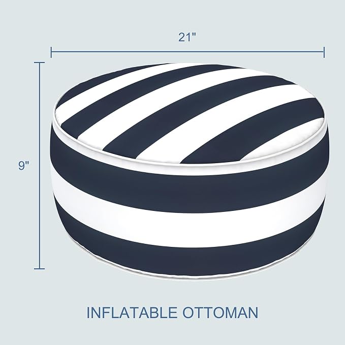 LVTXIII Indoor/Outdoor Inflatable Ottoman with Handle D21 x H9 Inch, Weather-Resistant Round Footstool Pouf for Patio Camping Living Room, Portable Footrest Extra Seating, Cabana Navy