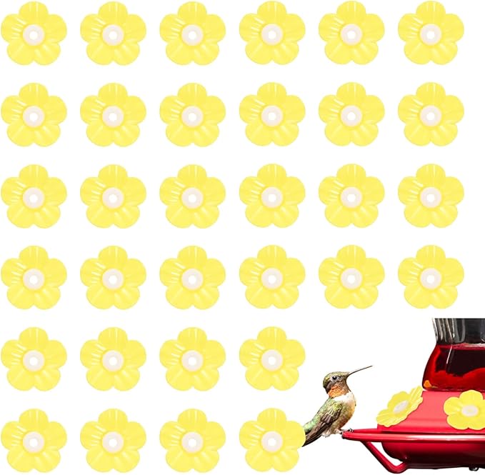 M METERXITY 32-Pack Hummingbird Feeder Replacement Flowers, Plastic Pet Hummingbird Feeding Parts Feeding Ports for Outdoor Hanging Feeders, Bees Guards [Yellow]