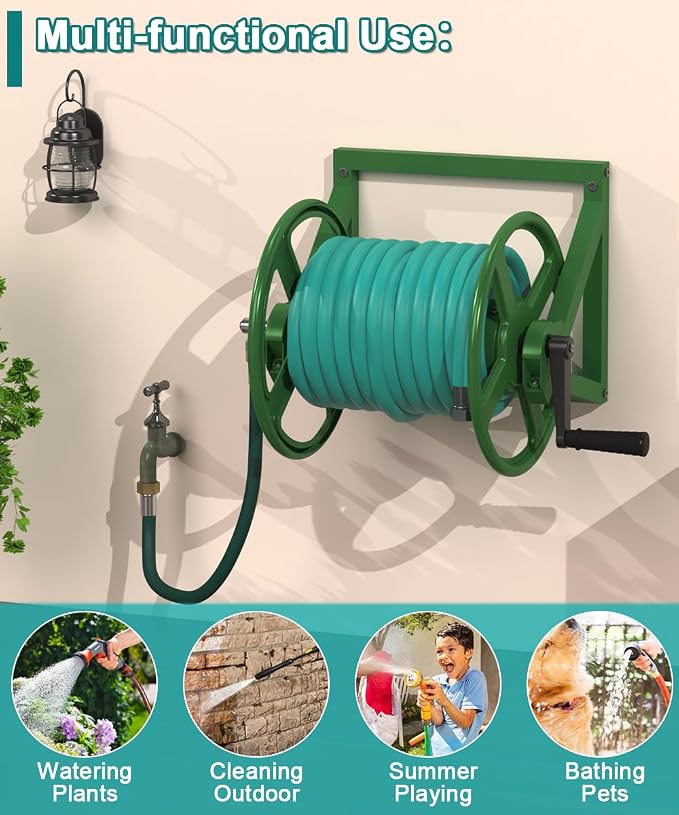 Artigarden Garden Hose Reel Wall Mounted, Outdoor Heavy Duty Powder Coated Metal Water Hoses Holder Winder Holds 125 ft 5/8" Hoses with 3.9ft Leader Hose, Stainless Steel Connector for Outside, Green