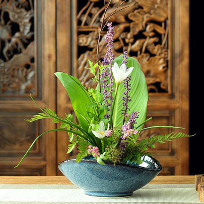 WANDIC Floral Arranging Vase, Blue Irregular Oval Shape Ceramic Ikebana Vases with 3.5cm Mini Round Flower Frog for Ikebana Floral Arrangement Art Home Decor