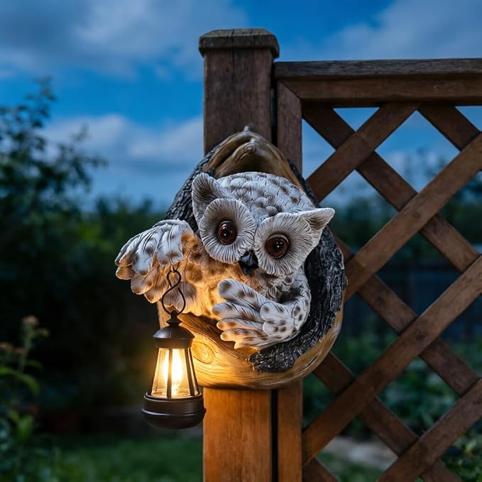 Outdoor Resin Owl Statue with Solar-Powered Lantern, Brown, Garden Sculpture, 7.8 x 6.89 x 4.53 Inches Trunk & Fence Decorations
