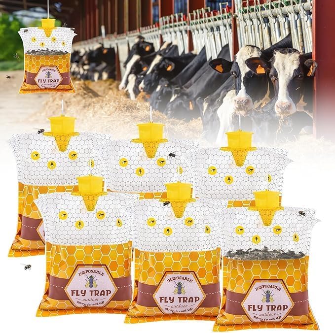 6 Pack Big Fly Traps Outdoor Hanging for Patio, Flies Bags Outdoor Disposable with 50g Bait, Bug Fly Hunter Catcher Killer Control for Barn Horse Ranch Chicken Coop