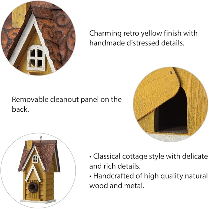 Glitzhome Bird Houses for Outside, 12" H Solid Wood Blue Bird House, Yellow Distressed Cottage Bird Nesting Box Decorative Birdhouse Hanging Bird House for Outdoors, Finch Swallow Wren Chickadee