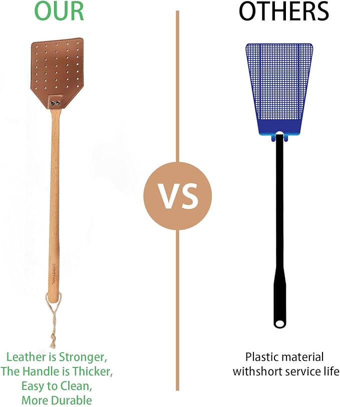 DEBETOOL Fly Swatter Set - 2 Pack Wooden Leather Fly Swatter with Hanging Rope, Heavy Duty Fly Swatter for Indoors and Outdoors (2 Brown)