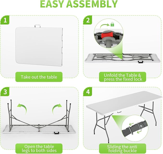 BestOffice 6 FT Picnic Table, Portable Plastic Folding Table with Carrying Handle Perfect for Picnics, Parties, Party and Camping, White