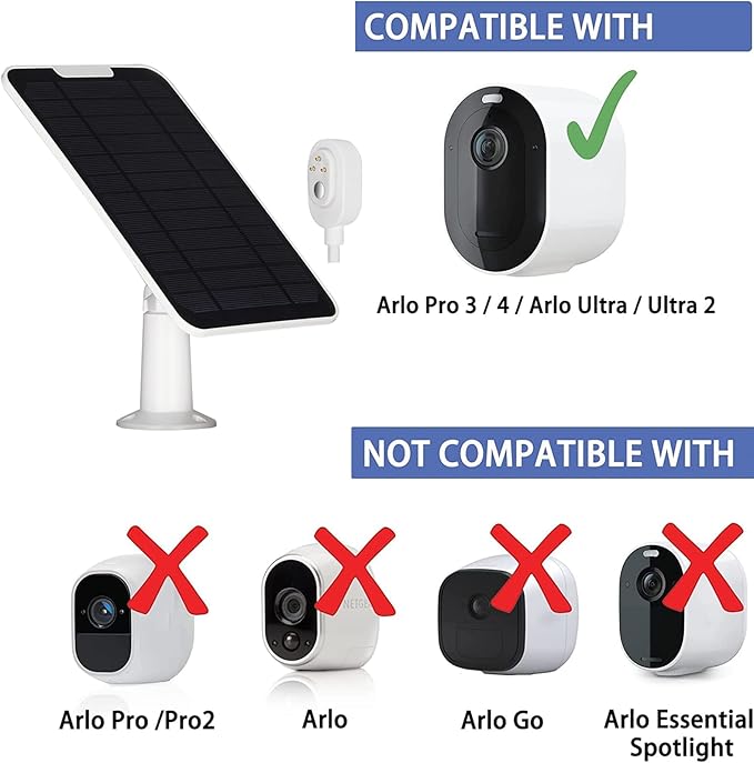 Upgrade 5W Solar Panel Charging Compatible with Arlo Pro 3/Pro 4/Pro 5S/Ultra/Ultra 2/Go 2 Continuous Power Supply IP65 Weatherproof with 9.8ft Charging Cable and Adjustable Wall Mount 1Pack