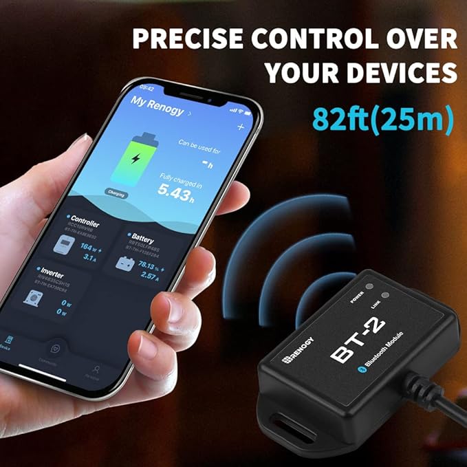 Renogy BT-2 Bluetooth Module for Solar Systems - Wireless Monitor & Control via DC Home App, RS485/RJ45 Port, 82ft Range,IP54 Waterproof,Compatible with MPPT Controllers,Lithium Batteries,Inverters