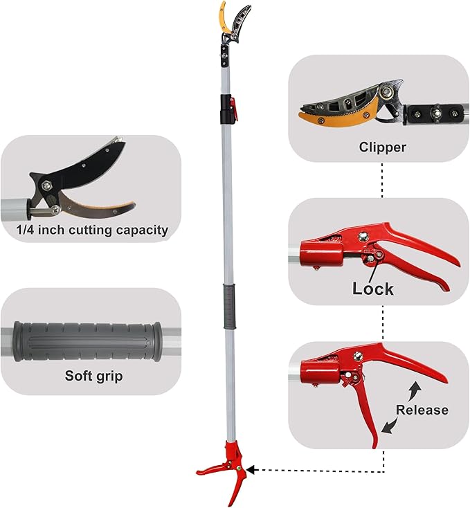 4.6-7.2 FT Telescopic Fruit Picker with Extendable Handle, Cut & Hold Pruners, Long Reach Pole Saw Shears, Telescoping Tree Trimmer for Thin Branches & Bypass Loppers