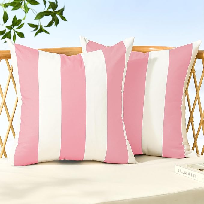Allorry Outdoor Pillow Covers 18x18 Set of 2 Pink Striped Decoration Throw Pillow Covers for Spring Summer Outdoor Waterproof Garden Patio Furniture Sofa Bed Home Decor JB007-H18