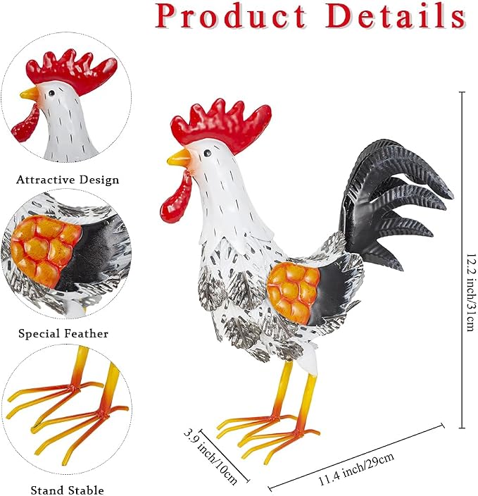 Metal Rooster Garden Statue, 12'' Funny Chicken Outdoor Statue Yard Art Decor, Waterproof Lawn Ornaments for Garden, Lawn, Farmhouse (White)