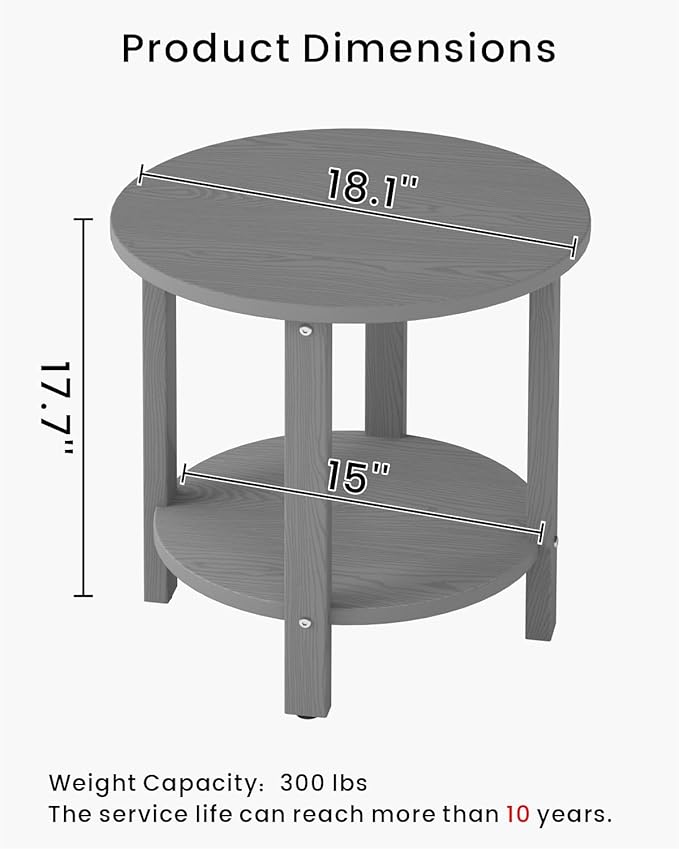 HDPE Outdoor Side Table for Patio, 18.1-Inch Weatherproof Small Outdoor Table for Adirondack, 2-Tier Round End Table for Garden Backyard Porch Deck Balcony Poolside (Grey)