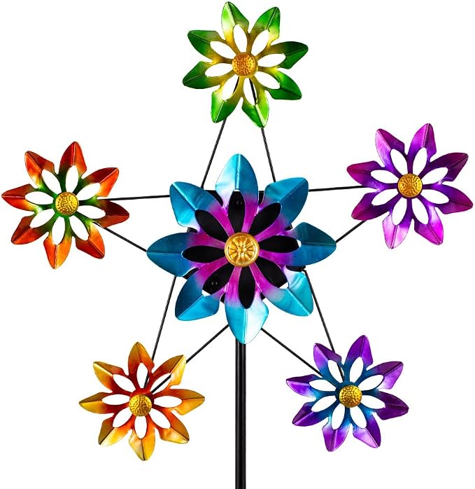 Stargarden Outdoor Kinetic Wind Spinner -24.4" D*74" H Large Metal Wind Sculpture, Flower Metal Wind Spinners for Garden Yard Patio