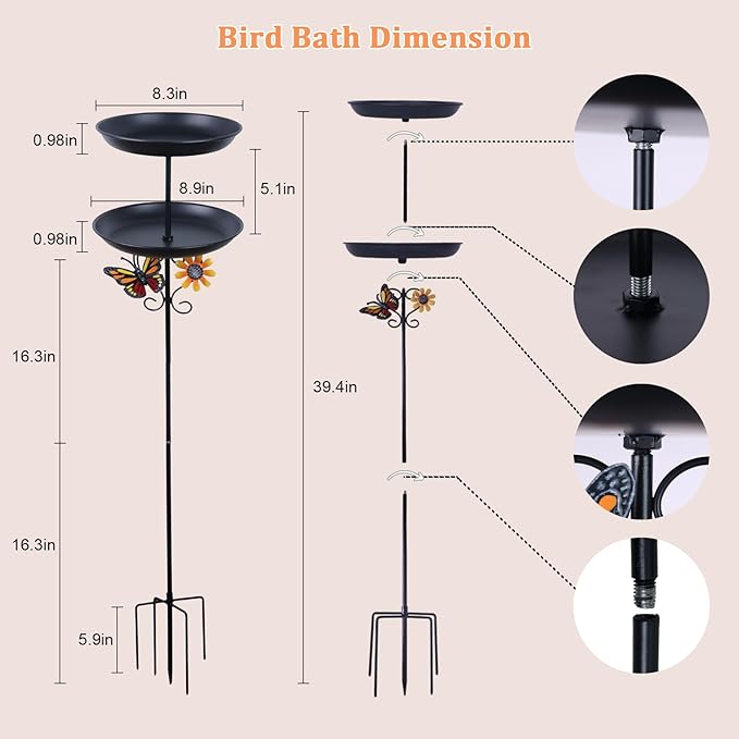 hogardeck 2-in-1 Vintage Freestanding Bird Bath & Feeder, Double Metal Layers Birdbath with Upgraded 5-Pronged Sturdy Base, Outdoor Decor for Garden Patio Yard Lawn, Black
