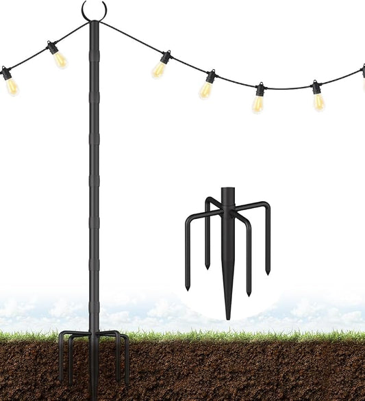 10Ft String Light Poles for Grass & Soil, Outdoor Light Stand with 5-Prong Fork Base, Heavy-Duty Metal Poles for Backyard, Garden & Patio Party Lighting, Rustproof & Adjustable