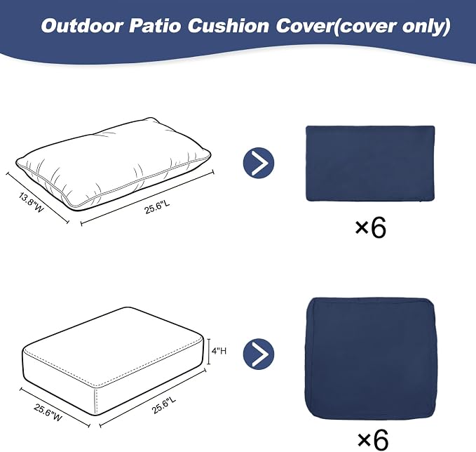 12 Pcs Patio Cushion Covers, Outdoor Rattan Sectional Sofa Cushion Covers, Replacement Washable & Reusable Furniture Protector for Patio Couch (12Pcs-Blue, 25.6 * 25.6 * 4-inch)