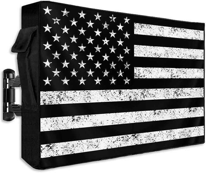 Black American Flag Outdoor TV Cover - 70-75 Inch Weatherproof, Black White Star Striped Outdoor TV Enclosure with Zipper & Roll Up Front Flap