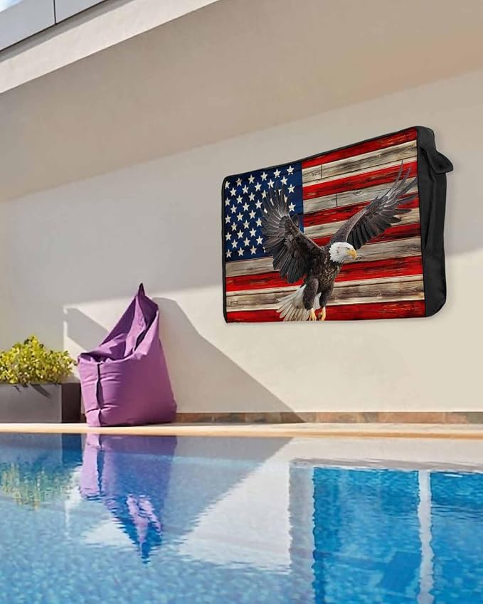 DecorLovee Retro American Flag Outdoor TV Cover 40 to 43 Inches Weatherproof & Waterproof, Blue Red USA Flag Outdoor TV Enclosure with Remote Control Pocket, Eagle TV Screen Protectors for Outside TV