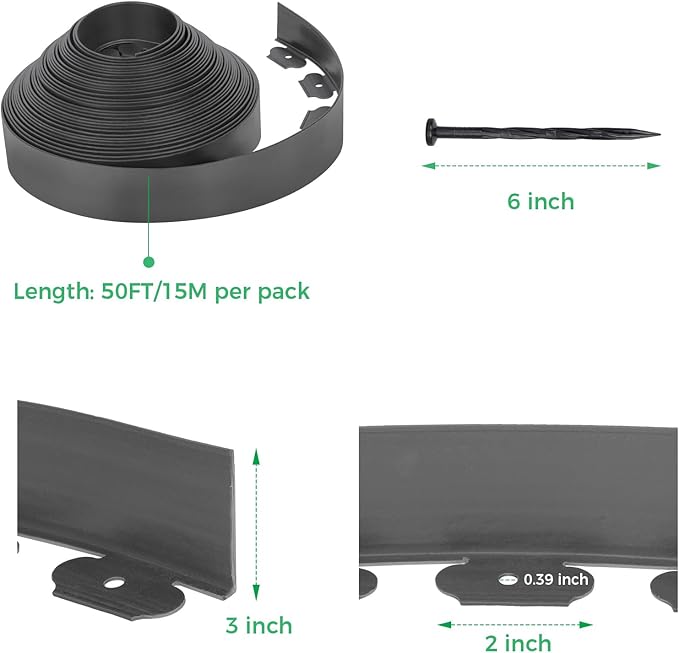 3-Inch x 100 FT Landscape Edging Border Kit with 150 Stakes, Plastic Garden Edging Border, Flexible No Dig Lawn Edging Border for Garden Flower Beds Yard Pathway Paver (Black)