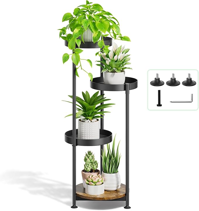 Oppro Plant Stand Indoor Outdoor Clearance, 4 Tier Metal Tall Flower Shelf Holder, Multiple Plant Round Corner Rack Organizer Display for Patio Orchid Office Porch Living Room Garden Balcony, Black