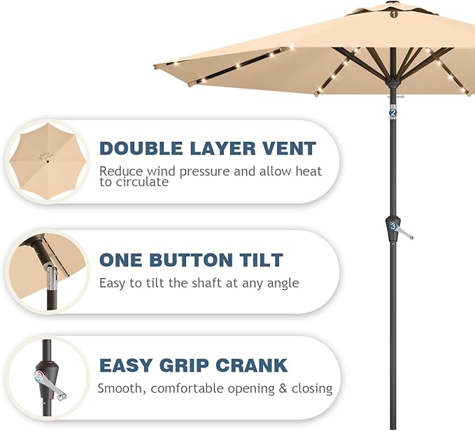 9FT Patio Umbrella with Solar Lights,Outdoor Market Umbrella with Tilt and Crank, LED Lighted Table Umbrella for Garden,Deck,Backyard,Pool,Beach