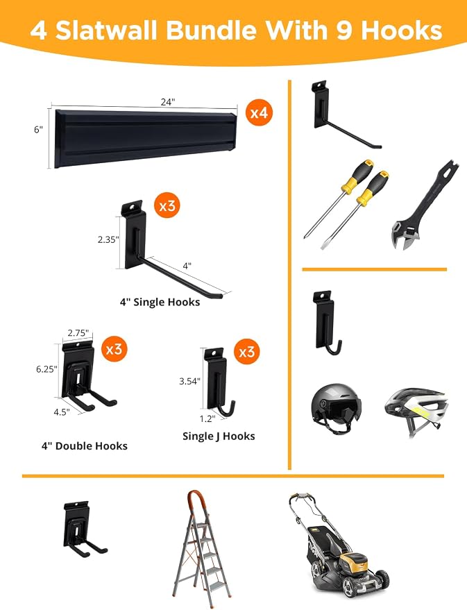 Slat Wall Paneling Garage Tool Organizer Wall Mount 4 Pack with Adjustable Metal Hooks 9 Pack, Garage Slat Wall Storage Systems Garage Storage & Organization Products, Black Slatwall Total 96 inch