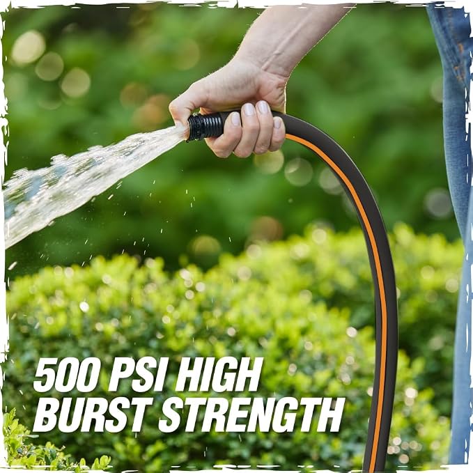 RUGGED RHINO Heavy Duty Garden Hose 25ft x 5/8in, Anti-Kink and Leakproof, Durable 4-Layer Construction, 500 PSI Burst, All Weather Outdoor Watering for Lawn, Garden, Flowers, Black and Orange