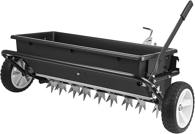 VEVOR Tow Behind Lawn Spreader with Aeration Spikes, 32 in Spreading Width, Broadcast Spreader with Universal Hitch, Garden Seeder & Soil Aerator with 100lbs Capacity & 10 in Tires for ATVs UTVs