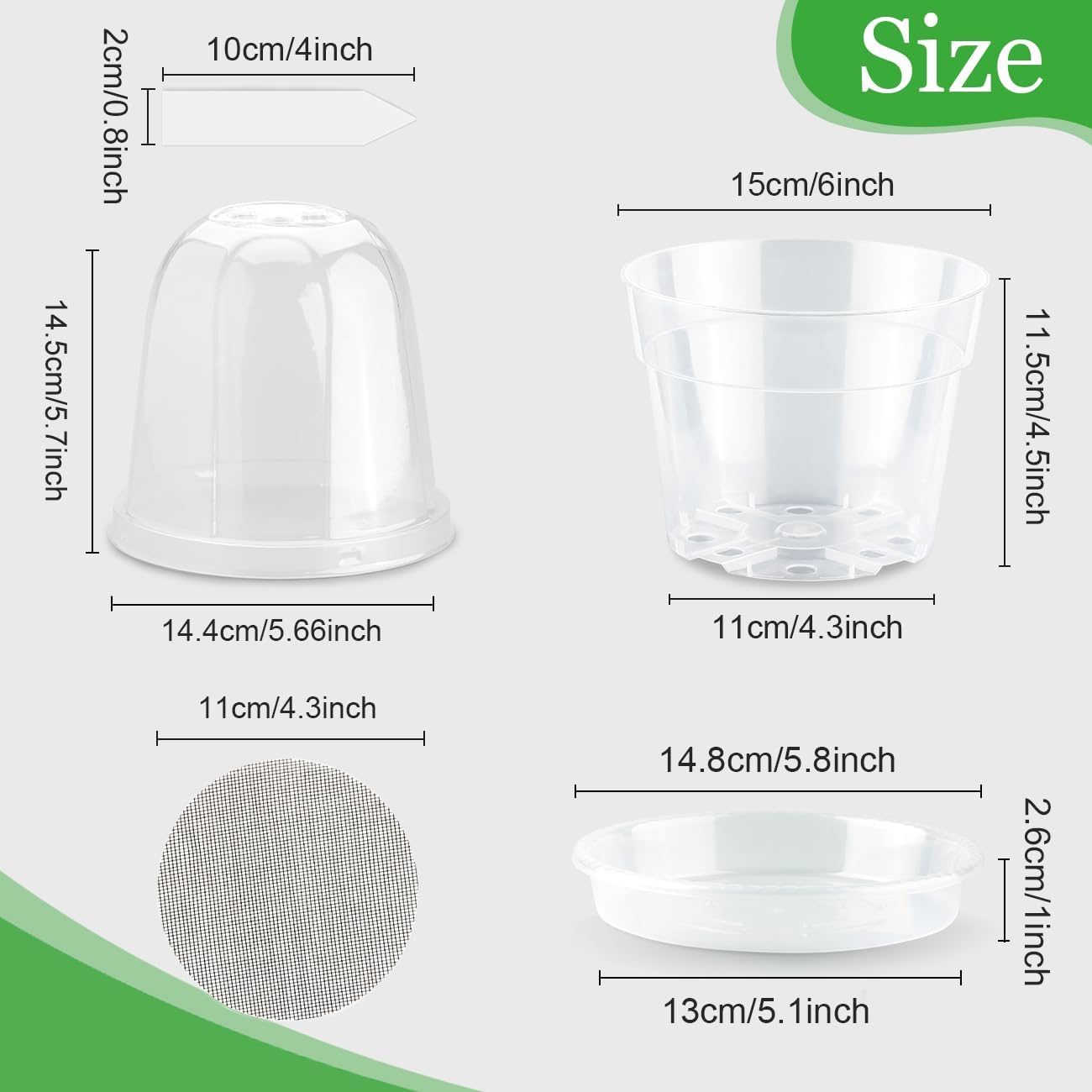 BTPLASTIK 6 Inch Clear Nursery Pots with Humidity Domes 15 Pack, Transparent Plastic Plant Pot with Drainage Holes and Saucers, Seed Starter Pots with 15 Pcs Plant Labels and 15 Pcs Soil Screens