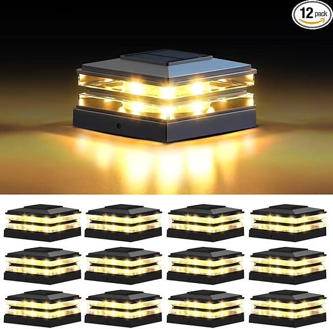 EXCMARK 4x4 Solar Post Cap Lights Outdoor Waterproof 12 Pack Fence Deck Post Lights with High-Brightness LEDs, Dual Light Modes Warm White & Cool White. (Classic Black, 12)