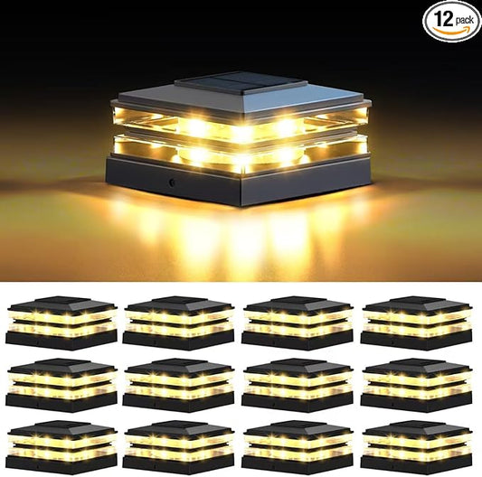 EXCMARK 4x4 Solar Post Cap Lights Outdoor Waterproof 12 Pack Fence Deck Post Lights with High-Brightness LEDs, Dual Light Modes Warm White & Cool White. (Classic Black, 12)
