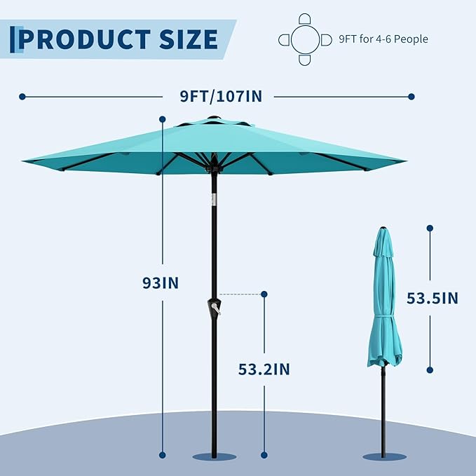 GarveeLife 9FT Umbrella Outdoor Patio, Table Umbrella with Push Button Tilt and Crank, 8 Sturdy Ribs Waterproof UV Protection for Garden, Pool, Deck, Backyard, Market (Sky Blue)