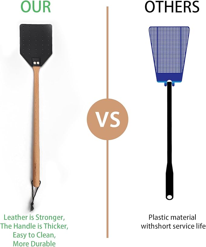 DEBETOOL Indoor Leather Fly Swatter - 2 Pack Long Handle Heavy Duty Fly Swatter with Hanging Rope, Wood Fly Swatter Manual for Kitchen/Home Indoor and Outdoor Flies