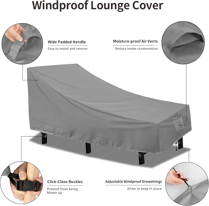 PureFit Outdoor Chaise Lounge Cover, Lounge Chair Covers Waterproof Patio Furniture Lounge Chair Cover, UV Resistant & Weatherproof, 1 Pack, 78"L x 35.5"W x 33"H Inches, Gray
