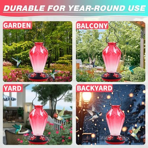 Glass Hummingbird Feeders for Outdoor Hanging, 25 OZ Red and 24 OZ Purple