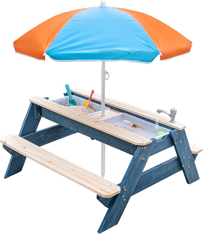 Kids 3-in-1 Sand & Water Table, Wood Outdoor Convertible Picnic Table w/Umbrella, 2 Trays, Removable Top with Faucet, Picnic Table for Outdoor Playset (Blue/Orange)