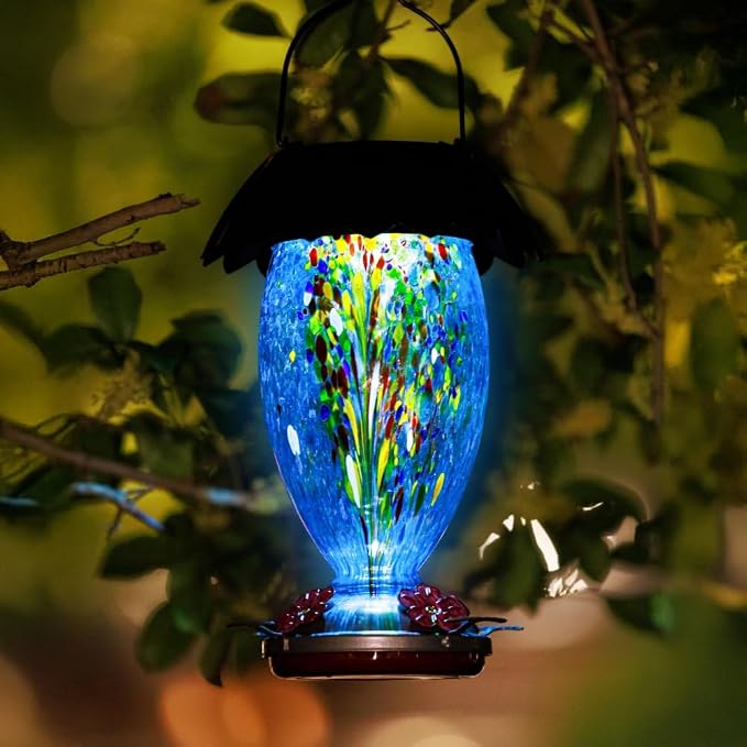 Solar Hummingbird Feeder for Outdoors Hanging Colorful Lighting 32 Oz Hand Blown Glass Hummingbird Feeder for Garden Decoration with Accessories (Color)
