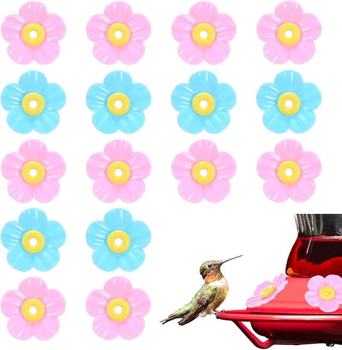 M METERXITY 16-Pack Hummingbird Feeder Replacement Flowers, Plastic Pet Hummingbird Feeding Parts Feeding Ports for Outdoor Hanging Feeders, Bees Guards [Rose Pink, Blue]